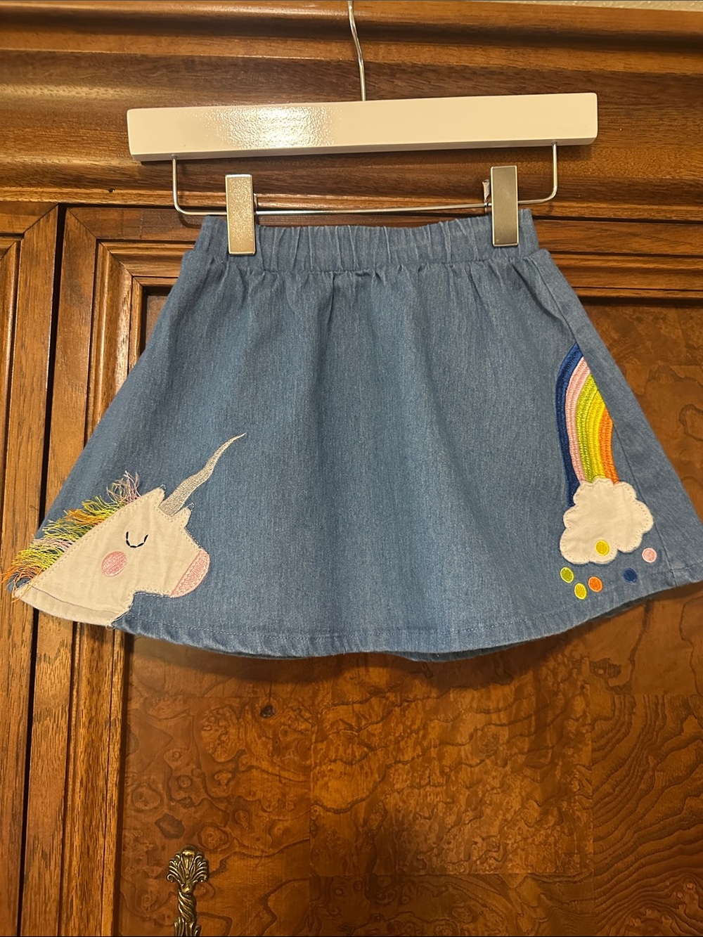 Girls Denim Unicorn & Rainbow Patch Skirt - Blue